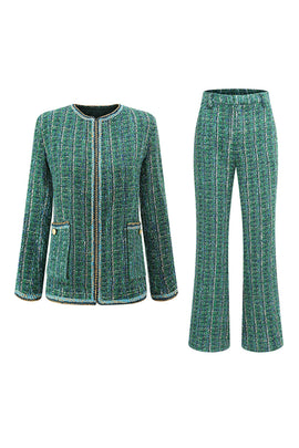 Dark Green Tweed Plaid 2 Piece Women Prom Suits