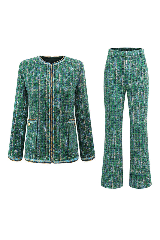 Dark Green Tweed Plaid 2 Piece Women Prom Suits