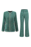 Dark Green Tweed Plaid 2 Piece Women Prom Suits