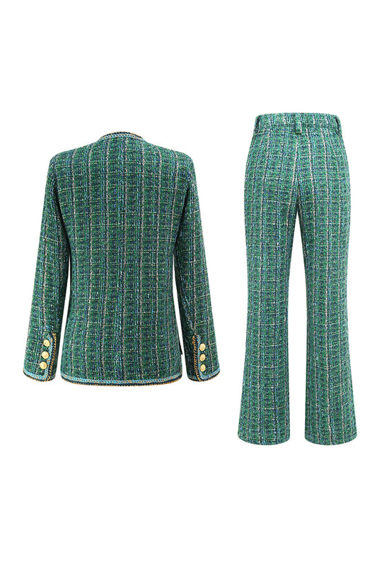 Dark Green Tweed Plaid 2 Piece Women Prom Suits