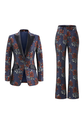 Blue Red Floral 2 Piece Peak Lapel Women Prom Suits