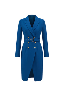 Ink Blue Notched Lapel Double Breasted Midi Blazer Dress with Belt