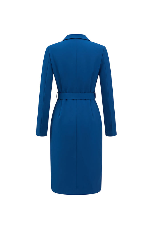 Ink Blue Notched Lapel Double Breasted Midi Blazer Dress with Belt