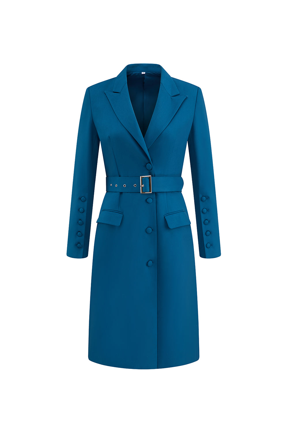 Dark Blue Single Breasted Peak Lapel Midi Blazer Dress with Belt