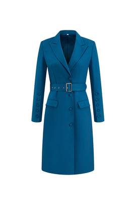 Dark Blue Single Breasted Peak Lapel Midi Blazer Dress with Belt
