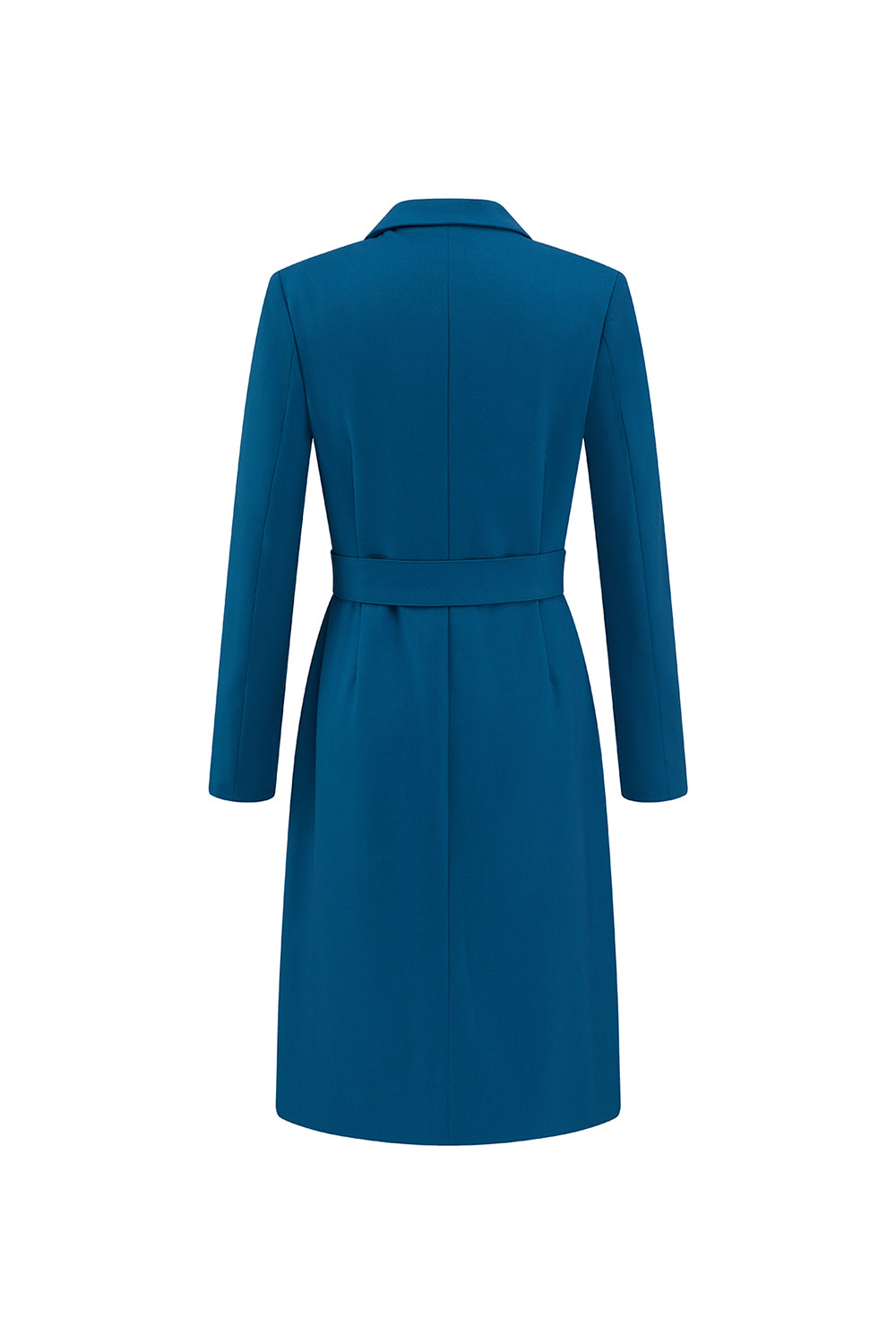 Dark Blue Single Breasted Peak Lapel Midi Blazer Dress with Belt