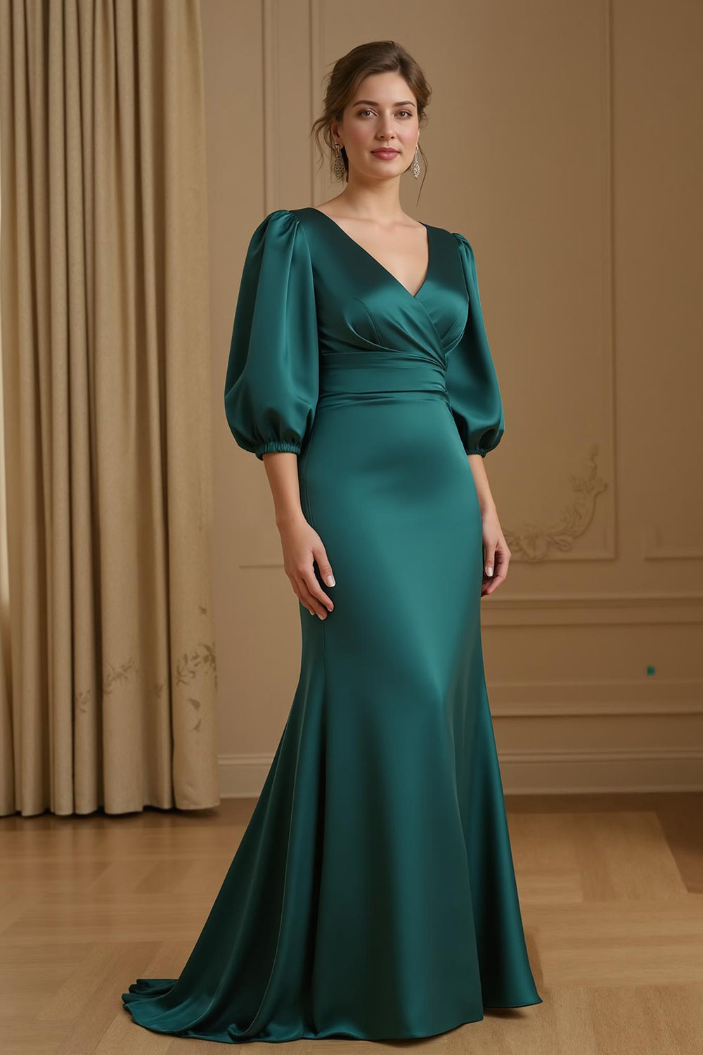 ZAPAKA Women Navy Wedding Guest Dress with 3/4 Sleeves Satin V Neck Mermaid Formal Dress, Pine / US26W