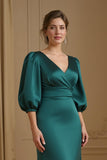 Navy Satin Mermaid V-Neck Long Wedding Guest Dress with Sleeves