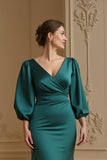 Navy Satin Mermaid V-Neck Long Wedding Guest Dress with Sleeves