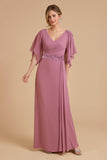 Dusty Rose Chiffon Sheath Long Wedding Guest Dress with Ruffles