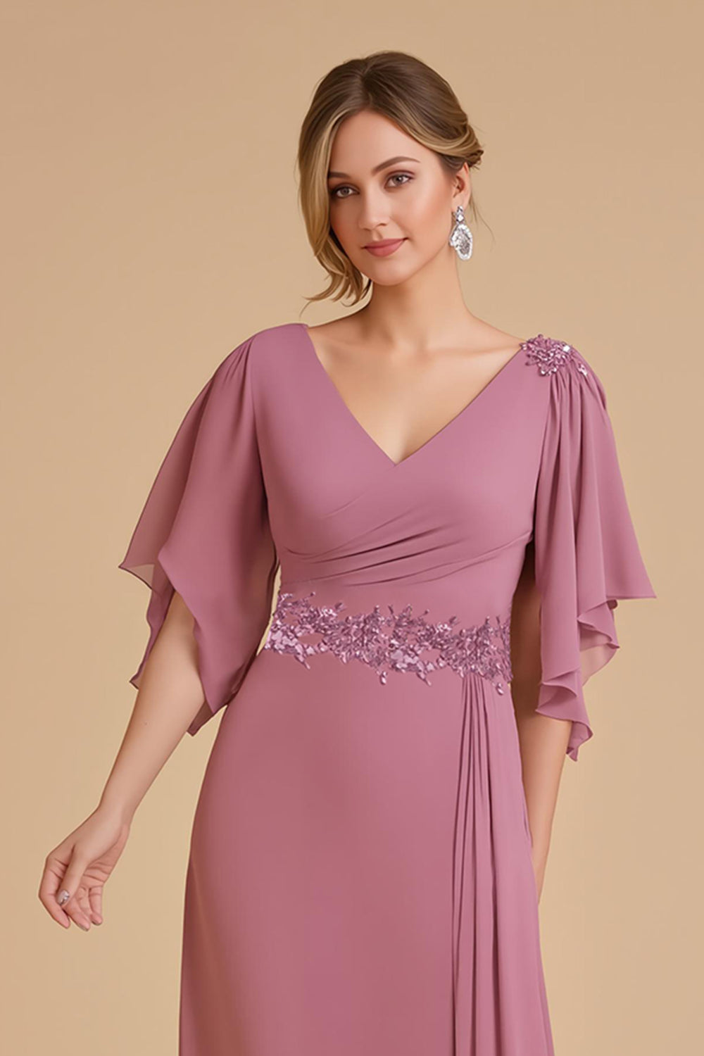 Dusty Rose Chiffon Sheath Long Wedding Guest Dress with Ruffles
