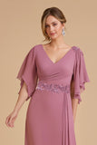 Dusty Rose Chiffon Sheath Long Wedding Guest Dress with Ruffles
