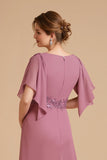 Dusty Rose Chiffon Sheath Long Wedding Guest Dress with Ruffles