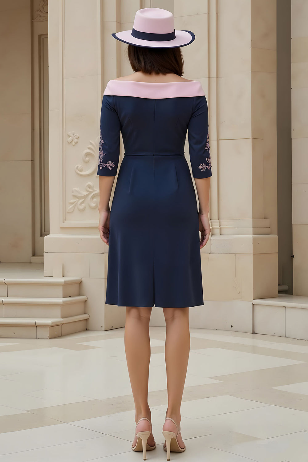 Navy Satin Sheath Off The Shoulder Midi Wedding Guest Dress with Sleeves