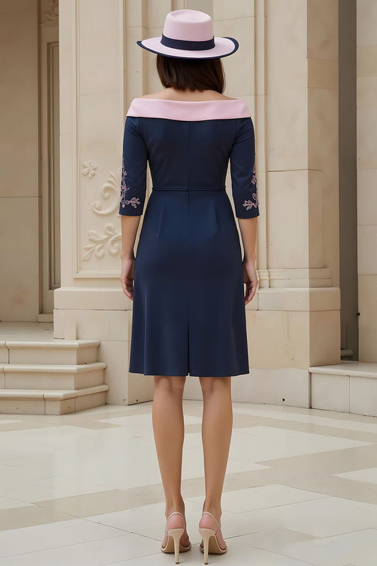 Navy Satin Sheath Off The Shoulder Midi Wedding Guest Dress with Sleeves
