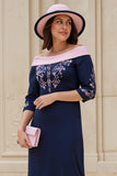 Navy Satin Sheath Off The Shoulder Midi Wedding Guest Dress with Sleeves