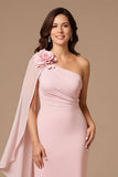 Candy Pink Chiffon Ruched Sheath Long Floral Wedding Guest Dress with Cape