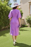 Purple Ruched Sheath Midi Wedding Guest Dress with Sleeves