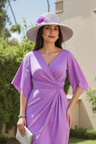 Purple Ruched Sheath Midi Wedding Guest Dress with Sleeves