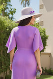 Purple Ruched Sheath Midi Wedding Guest Dress with Sleeves