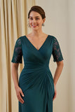 Pine Ruched Sheath V-Neck Midi Wedding Guest Dress with Lace