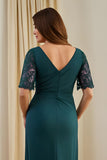 Pine Ruched Sheath V-Neck Midi Wedding Guest Dress with Lace