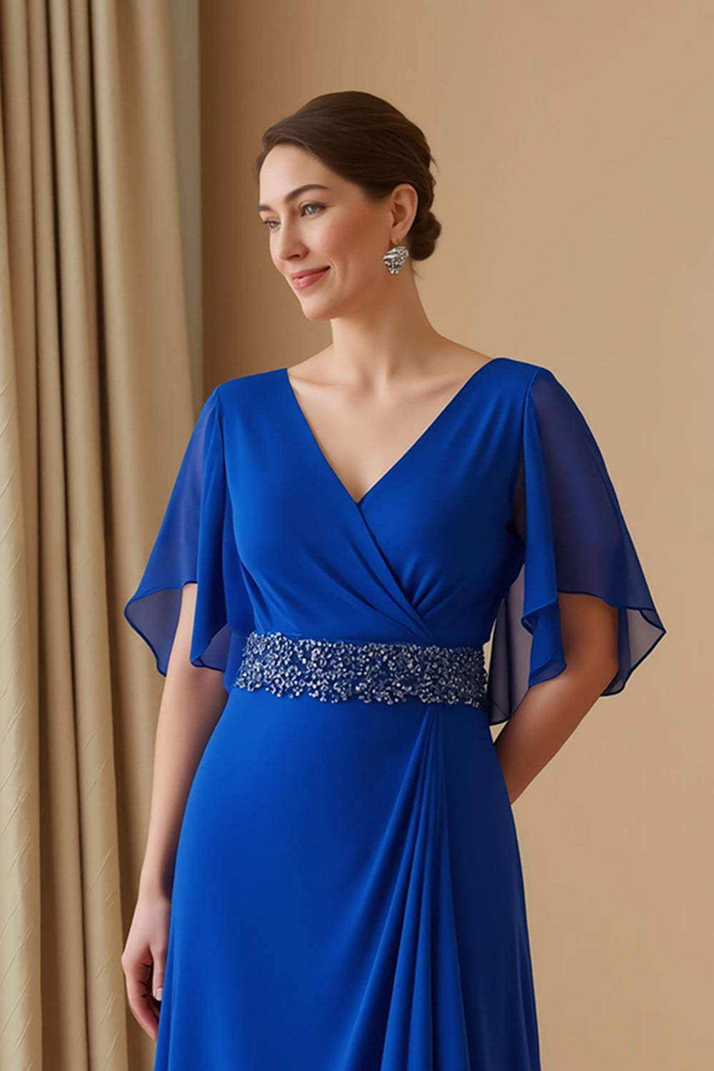 Zapakasa Women Royal Blue Sheath Long Wedding Guest Dress with Beading Chiffon V-Neck Asymmetrical Mother of the Bride Dress with Sleeves Zapakasa Women Royal Blue Sheath Long Wedding Guest Dress with Beading Chiffon V-Neck Asymmetrical Mother of the Bride Dress with Sleeves