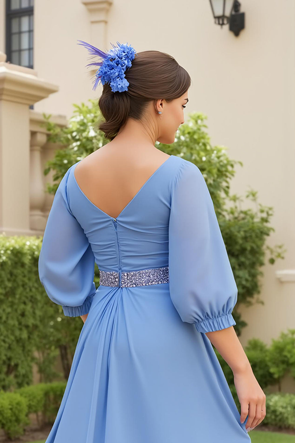 ZAPAKA Women Dusty Blue Wedding Guest Dress with Beading A Line 3/4 Sleeve Chiffon Mother of the Bride Dress, Blue / US26W