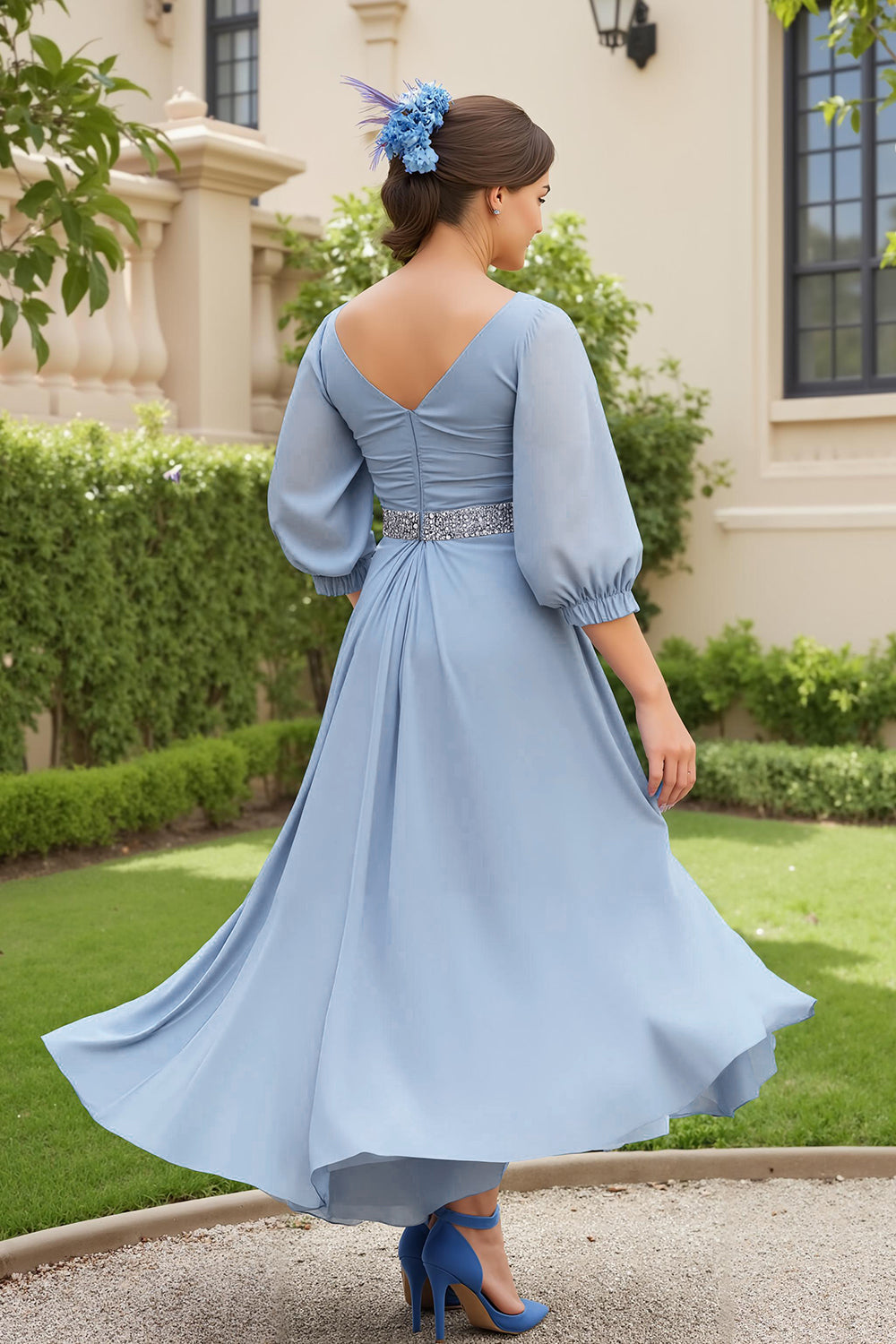 ZAPAKA Women Dusty Blue Wedding Guest Dress with Beading A Line 3/4 Sleeve Chiffon Mother of the Bride Dress, Grey Blue / US12