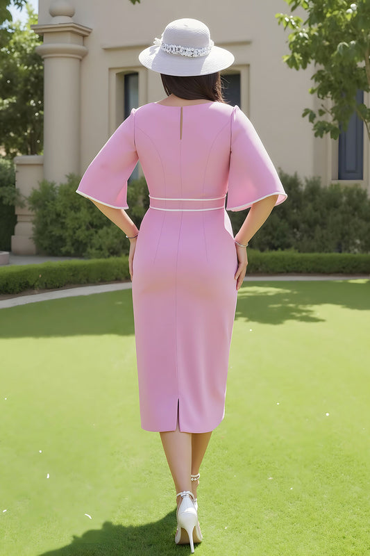 Candy Pink Sheath V-Neck Midi Wedding Guest Dress with Sleeves