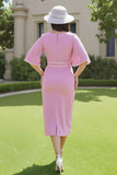 Candy Pink Sheath V-Neck Midi Wedding Guest Dress with Sleeves