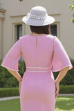 Candy Pink Sheath V-Neck Midi Wedding Guest Dress with Sleeves