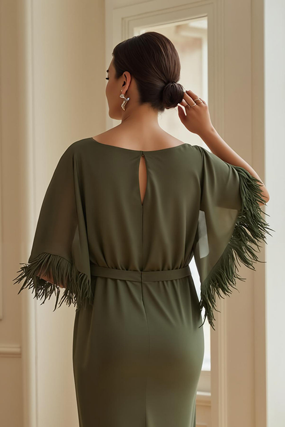 Zapakasa Women Olive Sheath Long Wedding Guest Dress with Feathers Boat Neck Mother of the Bride Dress with Sleeves Zapakasa Women Olive Sheath Long Wedding Guest Dress with Feathers Boat Neck Mother of the Bride Dress with Sleeves