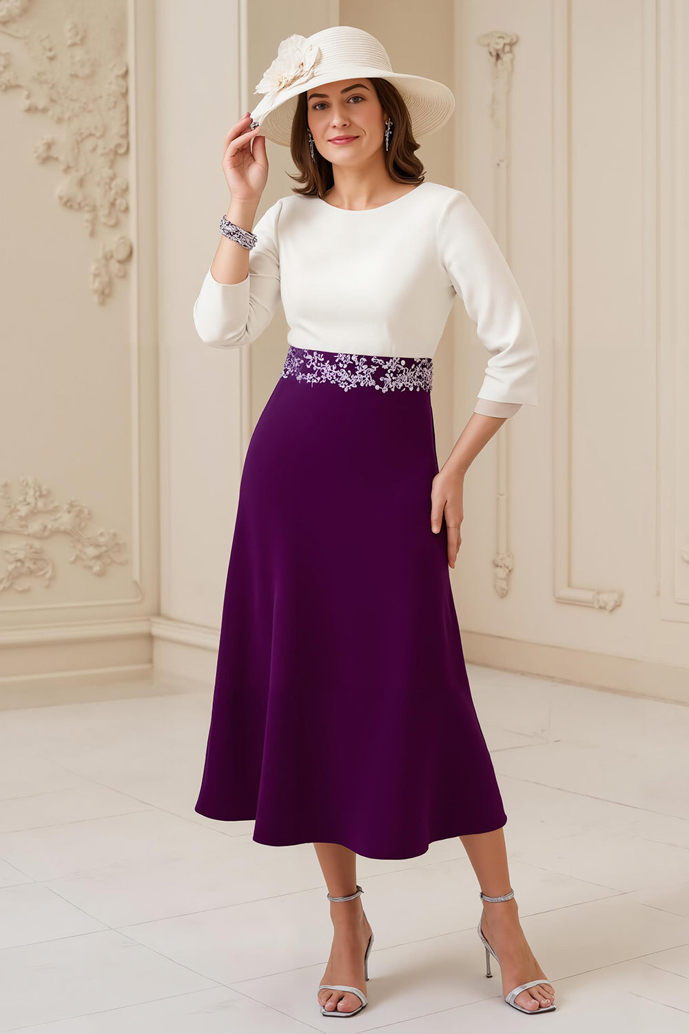 Zapakasa Women Navy Midi Wedding Guest Dress with Appliques A Line Boat Neck Mother of the Bride Dress with Sleeves Zapakasa Women Navy Midi Wedding Guest Dress with Appliques A Line Boat Neck Mother of the Bride Dress with Sleeves