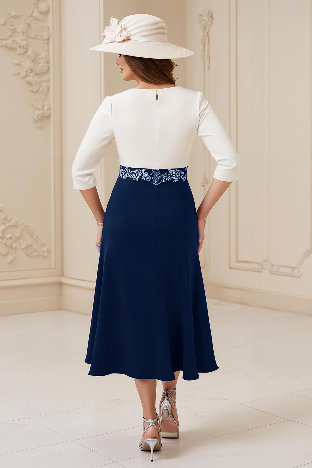 Zapakasa Women Navy Midi Wedding Guest Dress with Appliques A Line Boat Neck Mother of the Bride Dress with Sleeves Zapakasa Women Navy Midi Wedding Guest Dress with Appliques A Line Boat Neck Mother of the Bride Dress with Sleeves