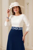 Navy A Line Boat Neck Midi Wedding Guest Dress with Appliques