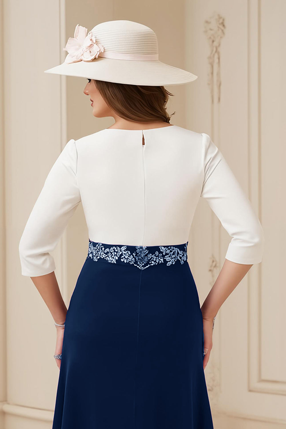 Navy A Line Boat Neck Midi Wedding Guest Dress with Appliques