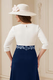 Navy A Line Boat Neck Midi Wedding Guest Dress with Appliques
