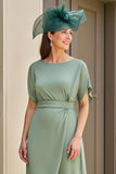Eucalyptus Sheath Boat Neck Long Wedding Guest Dress with Sleeves
