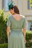 Eucalyptus Sheath Boat Neck Long Wedding Guest Dress with Sleeves