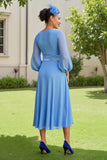 Light Blue Chiffon A Line V-Neck Long Wedding Guest Dress with Beading