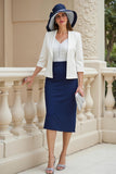 Navy 2 Piece Satin Sheath Midi Wedding Guest Dress with Lace