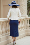 Navy 2 Piece Satin Sheath Midi Wedding Guest Dress with Lace