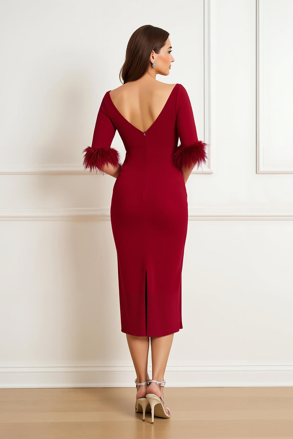 ZAPAKA Women Dark Red Midi Mother of the Bride Dress with Feathers Sheath Boat Neck Ruched Half Sleeves Wedding Guest Dress, Dark Red / custom