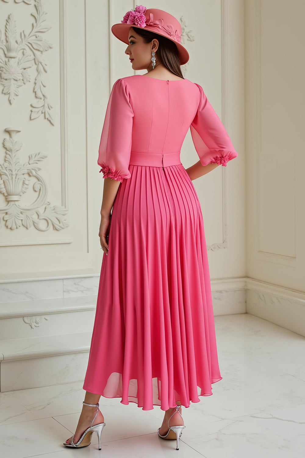 Zapakasa Women Hot Pink A Line Long Wedding Guest Dress with Sleeves Chiffon Pleated Boat Neck Mother of the Bride Dress Zapakasa Women Hot Pink A Line Long Wedding Guest Dress with Sleeves Chiffon Pleated Boat Neck Mother of the Bride Dress