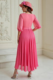Hot Pink A Line Chiffon Pleated Long Wedding Guest Dress with Sleeves
