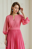Hot Pink A Line Chiffon Pleated Long Wedding Guest Dress with Sleeves