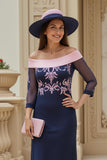 Navy Sheath Chiffon Appliqued Long Wedding Guest Dress with Sleeves