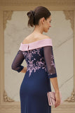 Navy Sheath Chiffon Appliqued Long Wedding Guest Dress with Sleeves