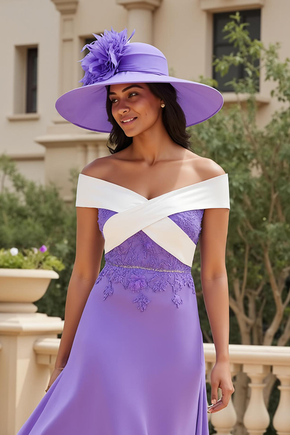 Purple Chiffon A Line Off The Shoulder Long Wedding Guest Dress with Appliques